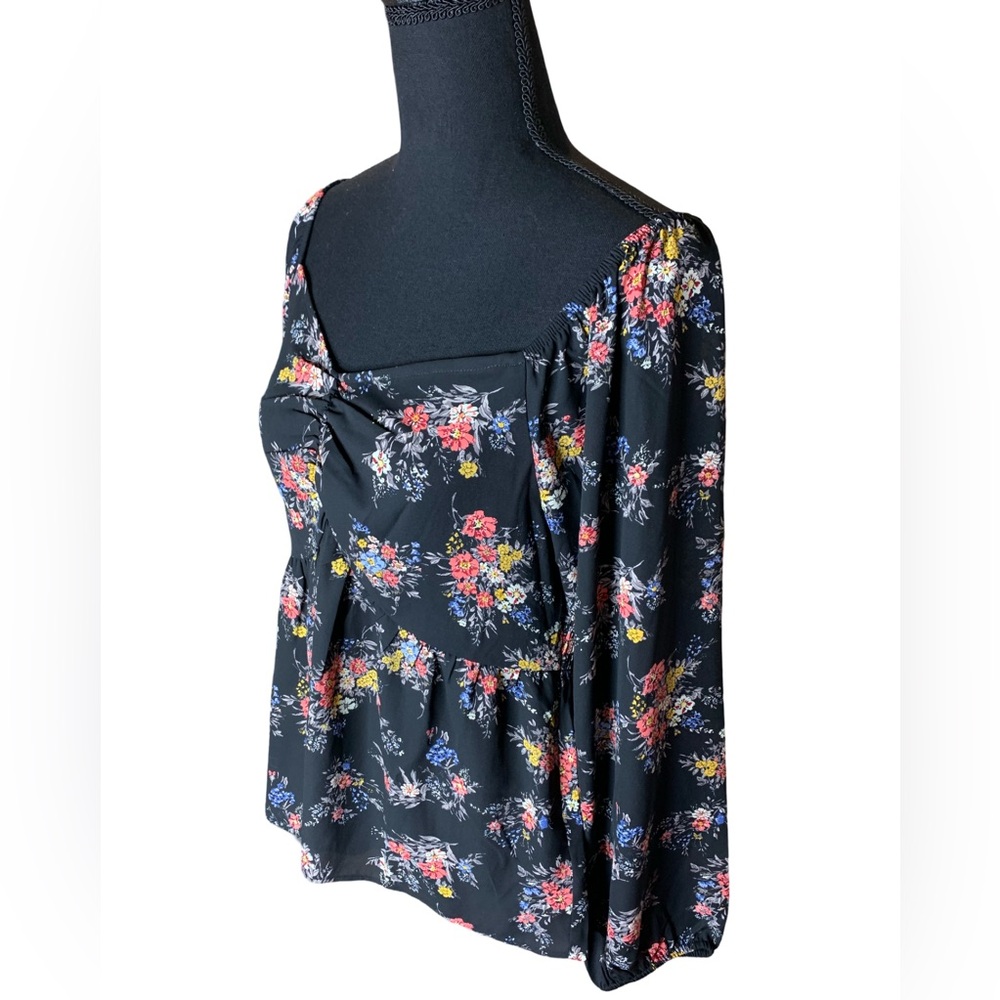 Pleione Size Medium Womens Blouse Black Floral Smocked Long Sleeve Baby Doll Top - Picture 4 of 8